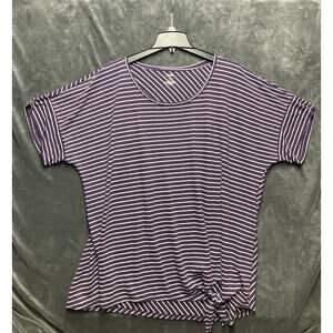 EVRI Purple Striped Tie Front Hem Linen Tee Womans Sz 3X Relaxed Coastal Casual